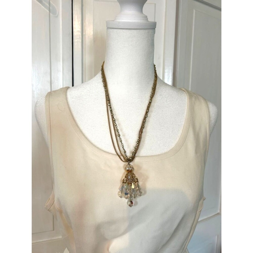 Gold-Tone Multi-Strand Necklace with AB Beaded Tassel 20"